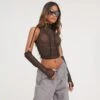 EGO High Neck Ruched Detail Crop Top With Detachable Sleeves In Black Mesh