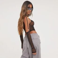 EGO High Neck Ruched Detail Crop Top With Detachable Sleeves In Black Mesh -Sperrryego Store 31 01 23 unya51623 s