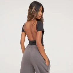 EGO Crew Neck Cap Sleeve Backless T-Shirt In Black