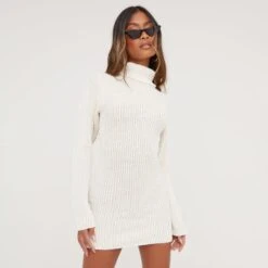 EGO Long Sleeve Roll Neck Mini Bodycon Dress In Cream Knit