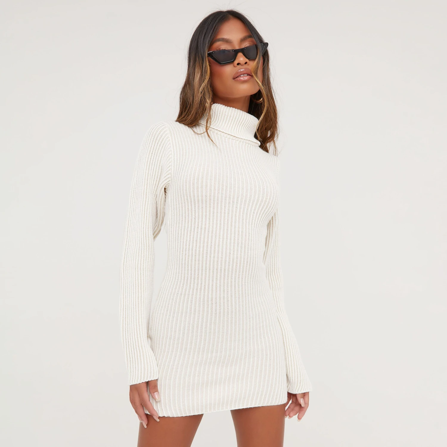 EGO Long Sleeve Roll Neck Mini Bodycon Dress In Cream Knit 3 EGO Long Sleeve Roll Neck Mini Bodycon Dress In Cream Knit