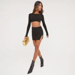 EGO Long Sleeve Tie Back Detail Crop Top In Black Ribbed -Sperrryego Store 31 01 23 unya52593 s