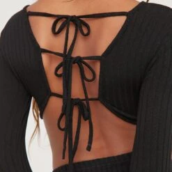 EGO Long Sleeve Tie Back Detail Crop Top In Black Ribbed -Sperrryego Store 31 01 23 unya52616 s