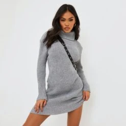 EGO Knitted Roll Neck Mini Dress In Grey