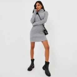 EGO Knitted Roll Neck Mini Dress In Grey -Sperrryego Store clf096 gy 4