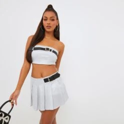 EGO Buckle Detail Pleated Mini Skirt In Silver Glitter -Sperrryego Store clh034 sk si 2