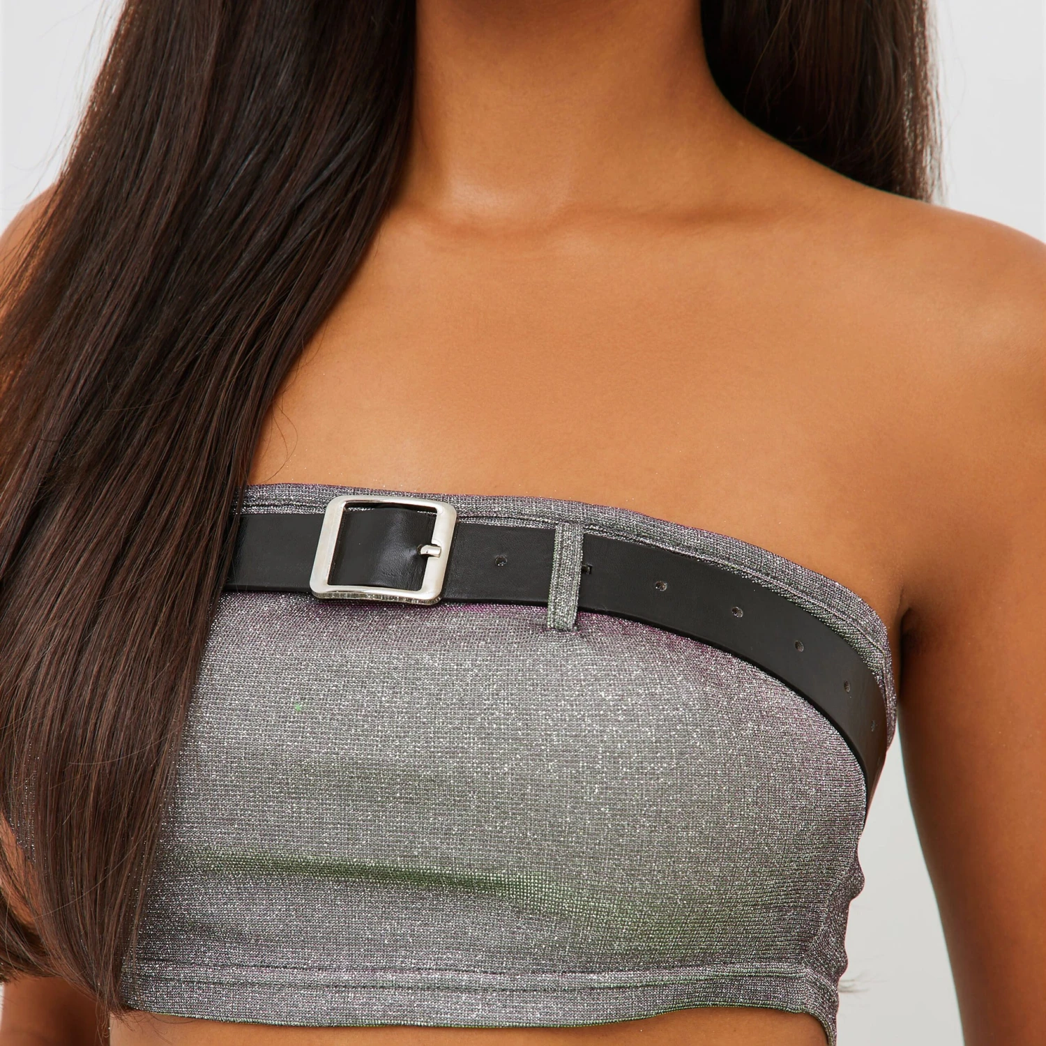 EGO Bandeau Buckle Belt Detail Crop Top In Grey Glitter 4 EGO Bandeau Buckle Belt Detail Crop Top In Grey Glitter - Image 2