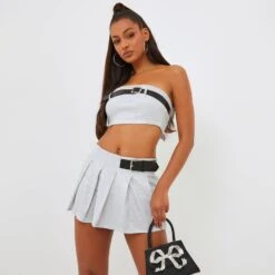 EGO Bandeau Buckle Belt Detail Crop Top In Silver Glitter