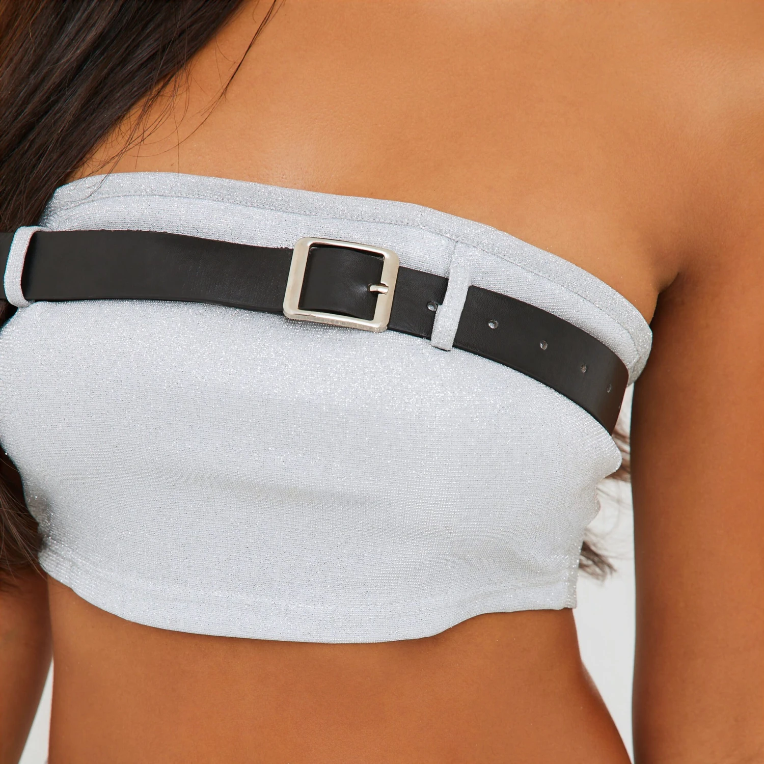 EGO Bandeau Buckle Belt Detail Crop Top In Silver Glitter 4 EGO Bandeau Buckle Belt Detail Crop Top In Silver Glitter - Image 2