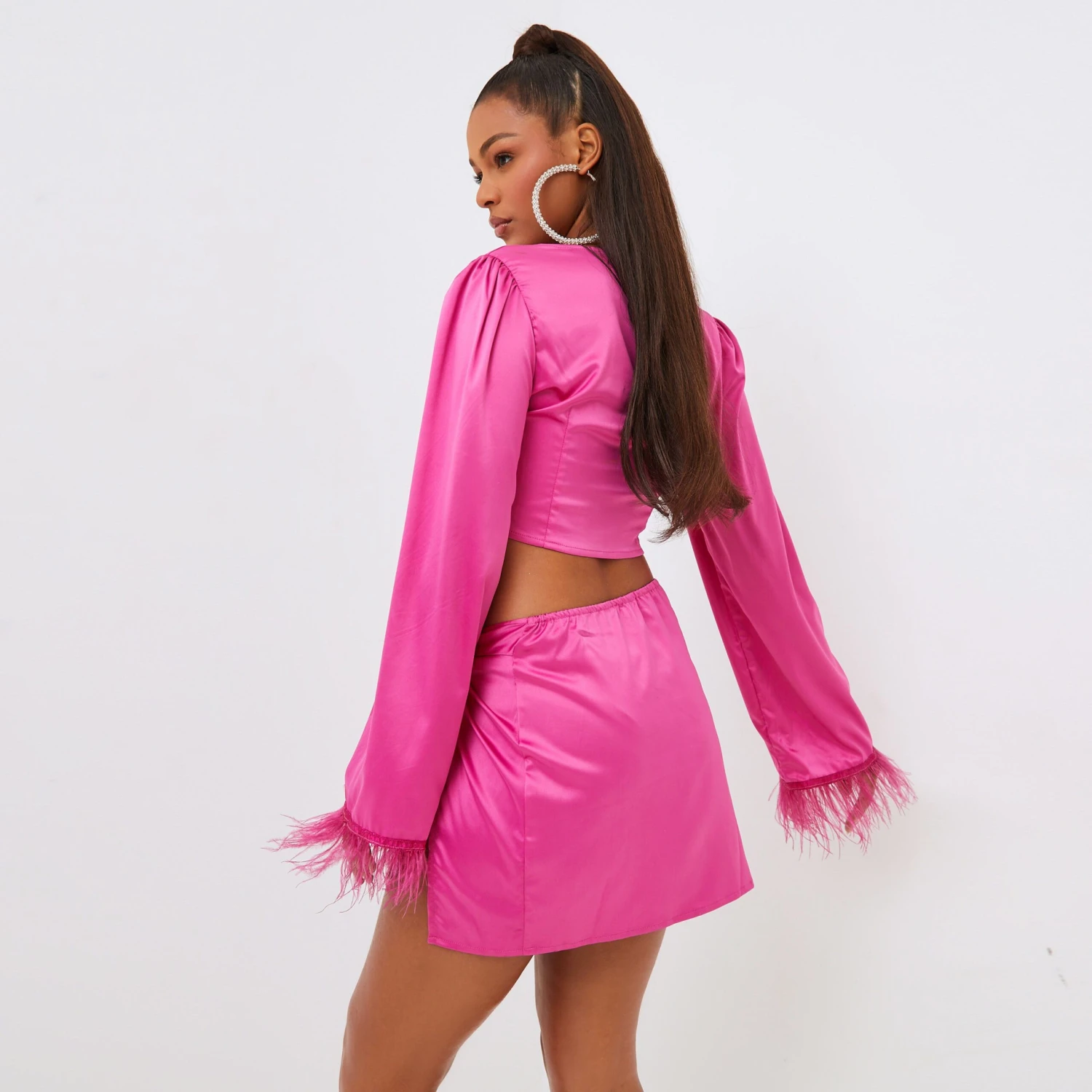 EGO Feather Cuff Twisted Front Detail Long Sleeve Crop Top In Pink Satin 7 EGO Feather Cuff Twisted Front Detail Long Sleeve Crop Top In Pink Satin - Image 5