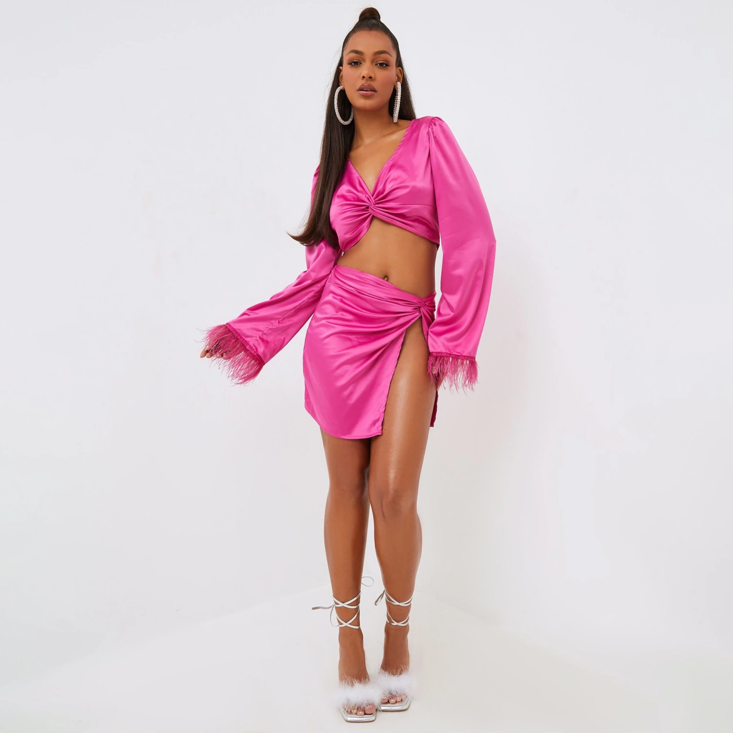 EGO Feather Cuff Twisted Front Detail Long Sleeve Crop Top In Pink Satin 6 EGO Feather Cuff Twisted Front Detail Long Sleeve Crop Top In Pink Satin - Image 4