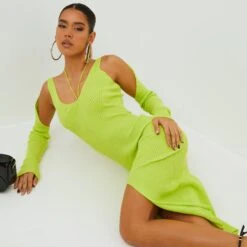 EGO Long Sleeve Strappy Detail Front Split Midi Bodycon Dress In Lime Green Ribbed Knit -Sperrryego Store clh149 lm 4