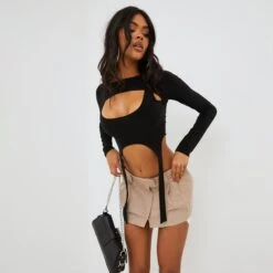 EGO Long Sleeve Double Layered Crop Top In Black Slinky