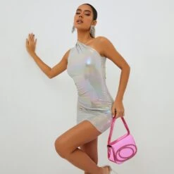 EGO One Shoulder Mini Bodycon Dress In Grey Metallic