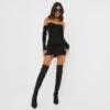EGO Bardot Long Sleeve Cup Detail Mini Bodycon Dress In Black Ribbed Knit