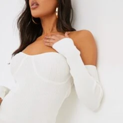 EGO Bardot Long Sleeve Cup Detail Mini Bodycon Dress In Cream Ribbed Knit -Sperrryego Store clh239 cr 2