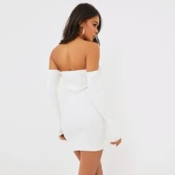 EGO Bardot Long Sleeve Cup Detail Mini Bodycon Dress In Cream Ribbed Knit -Sperrryego Store clh239 cr 3