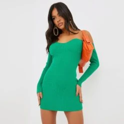 EGO Bardot Long Sleeve Cup Detail Mini Bodycon Dress In Green Ribbed Knit