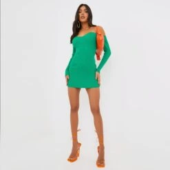 EGO Bardot Long Sleeve Cup Detail Mini Bodycon Dress In Green Ribbed Knit -Sperrryego Store clh239 gr 4