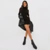 EGO High Neck Long Sleeve Cut Out Detail Mini Bodycon Dress In Black Chunky Cable Knit