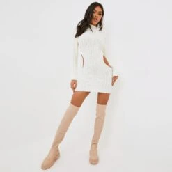 EGO High Neck Long Sleeve Cut Out Detail Mini Bodycon Dress In Ivory Chunky Cable Knit -Sperrryego Store clh288 iv 3 1