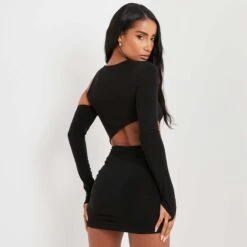 EGO One Shoulder Long Sleeve Cut Out Bodycon Dress In Black -Sperrryego Store ecom240122 899