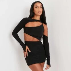 EGO One Shoulder Long Sleeve Cut Out Bodycon Dress In Black