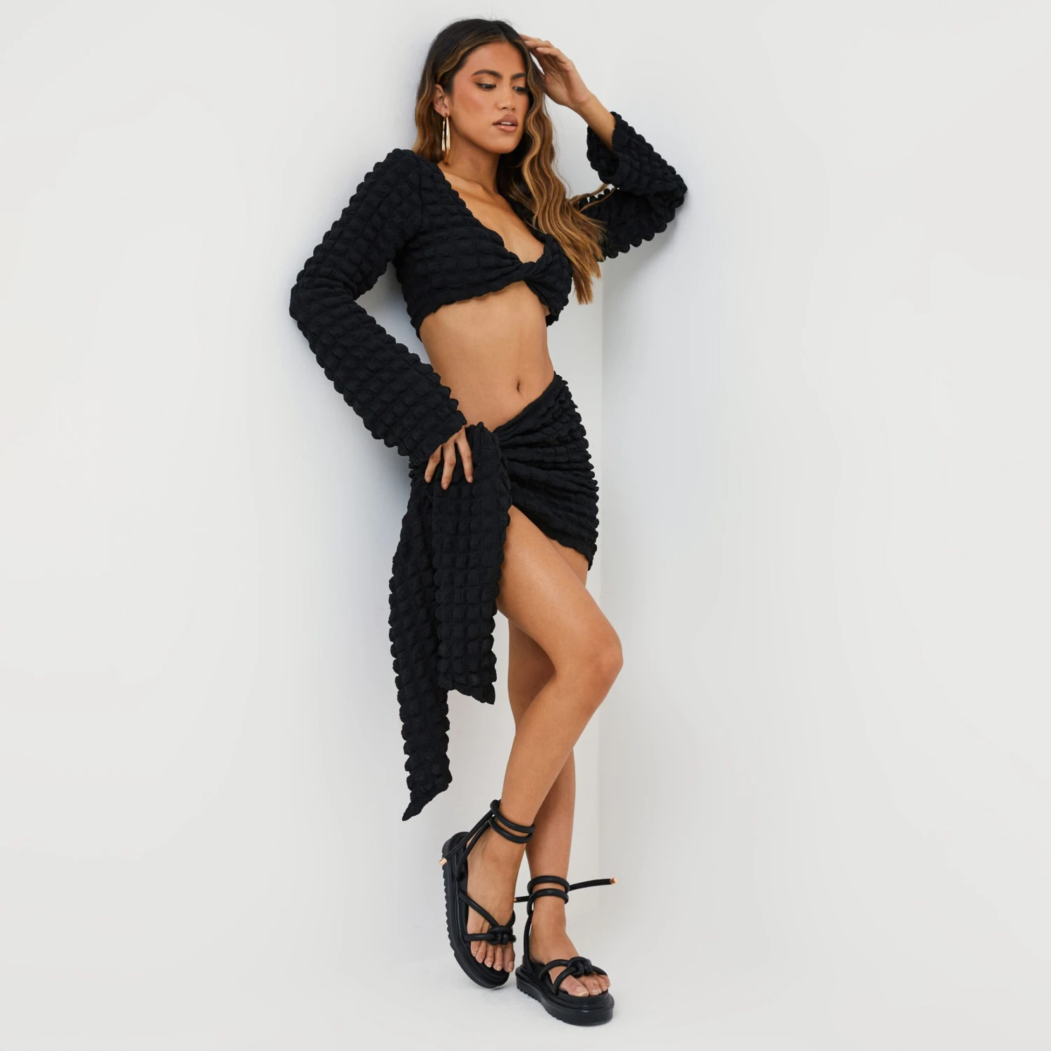EGO Long Sleeve Twist Front Detail Crop Top In Black Bubble Textured Material 6 EGO Long Sleeve Twist Front Detail Crop Top In Black Bubble Textured Material - Image 4