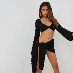 EGO Long Sleeve Twist Front Detail Crop Top In Black Bubble Textured Material